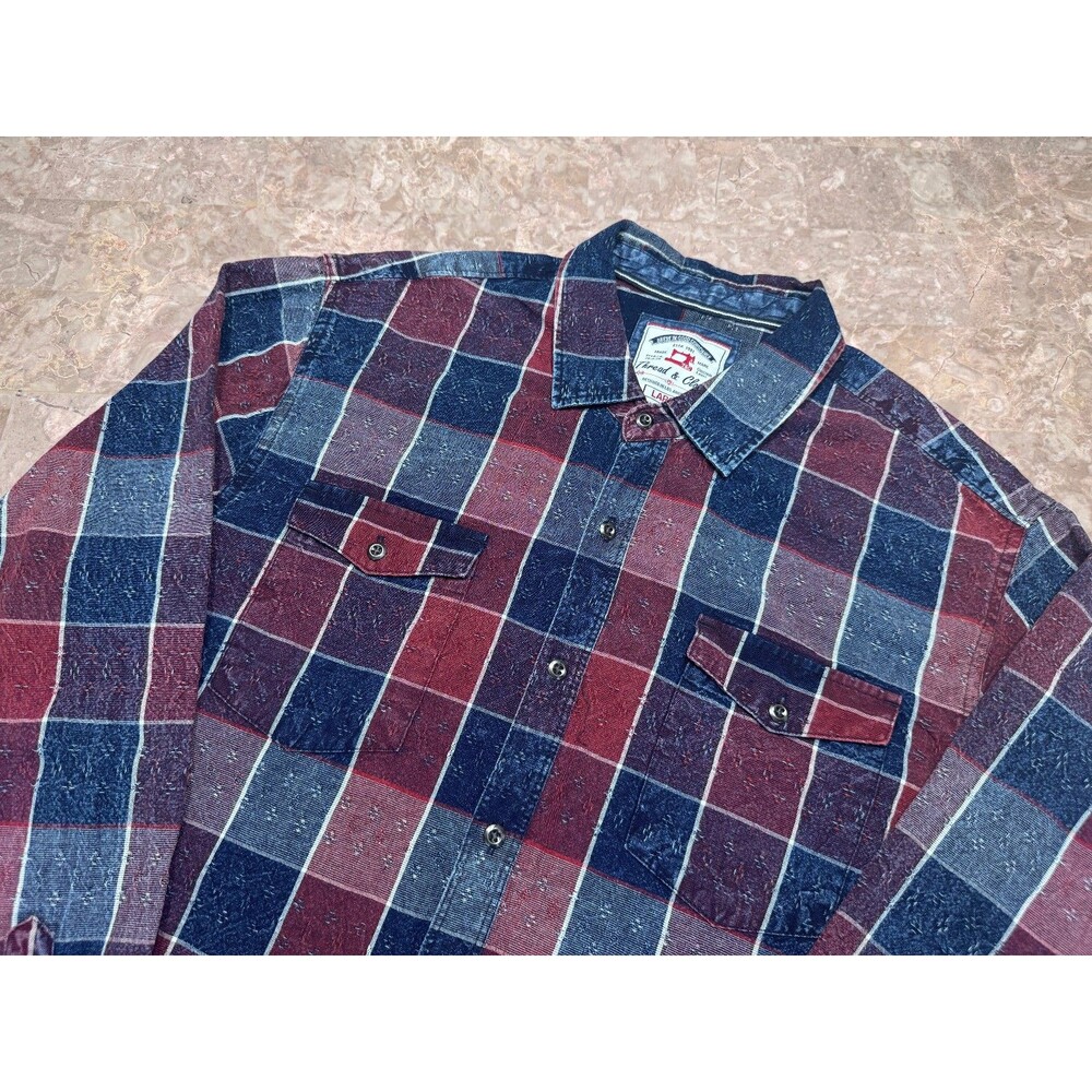Thread & Cloth Men's Long Sleeve Button Up Textured Red/Blue Plaid Shirt - Large